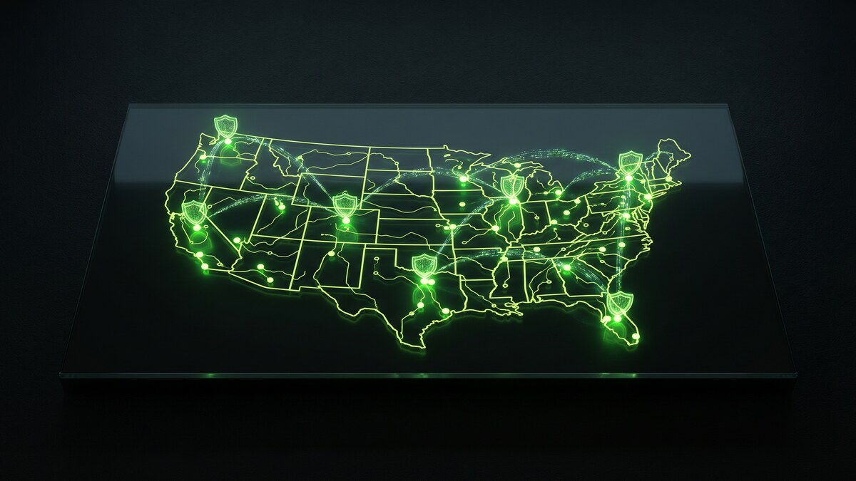 Glowing green US map with privacy shield nodes across multiple states connected by encrypted data streams
