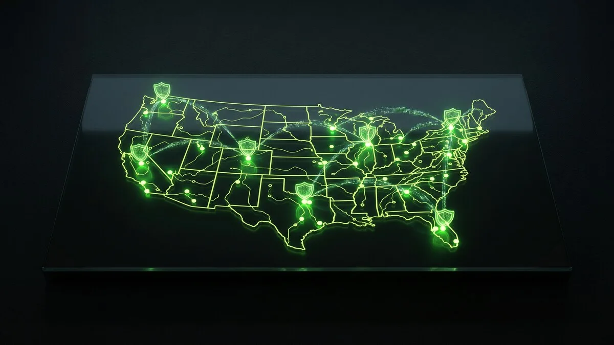 Glowing green US map with privacy shield nodes across multiple states connected by encrypted data streams