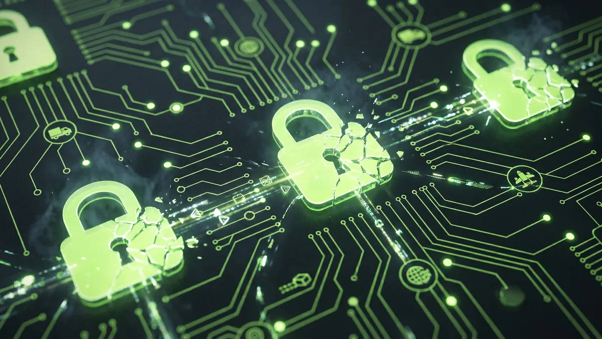 Glowing green circuit board with breaking padlocks representing supply chain cyberattacks in 2026