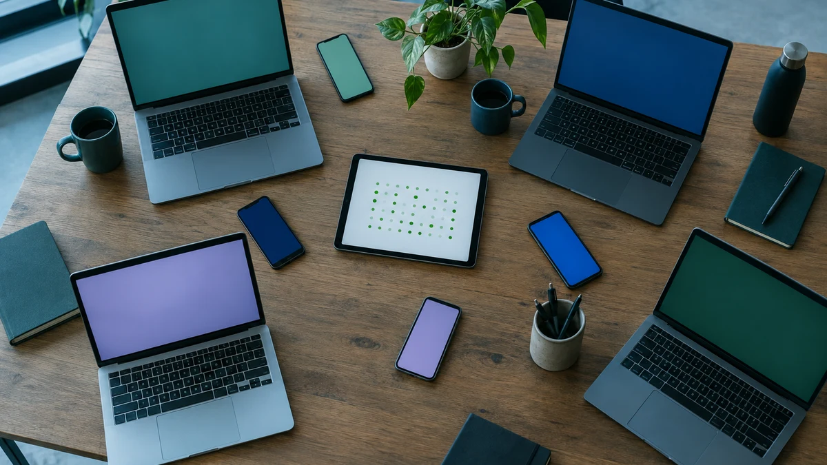 Overhead view of a shared office desk with several laptops and phones, and a central tablet showing a grid of green status dots, representing one managed VPN dashboard for a team