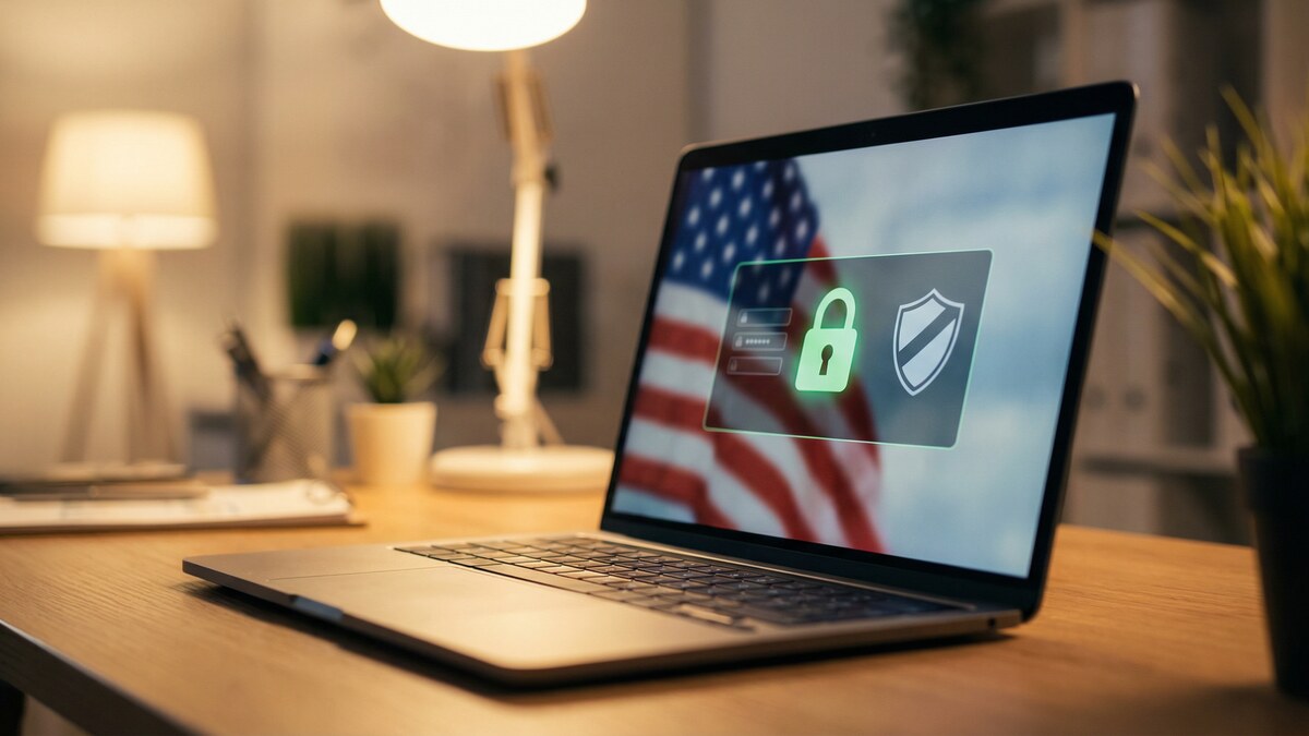 Laptop showing secure VPN connection with US flag — American-owned VPN