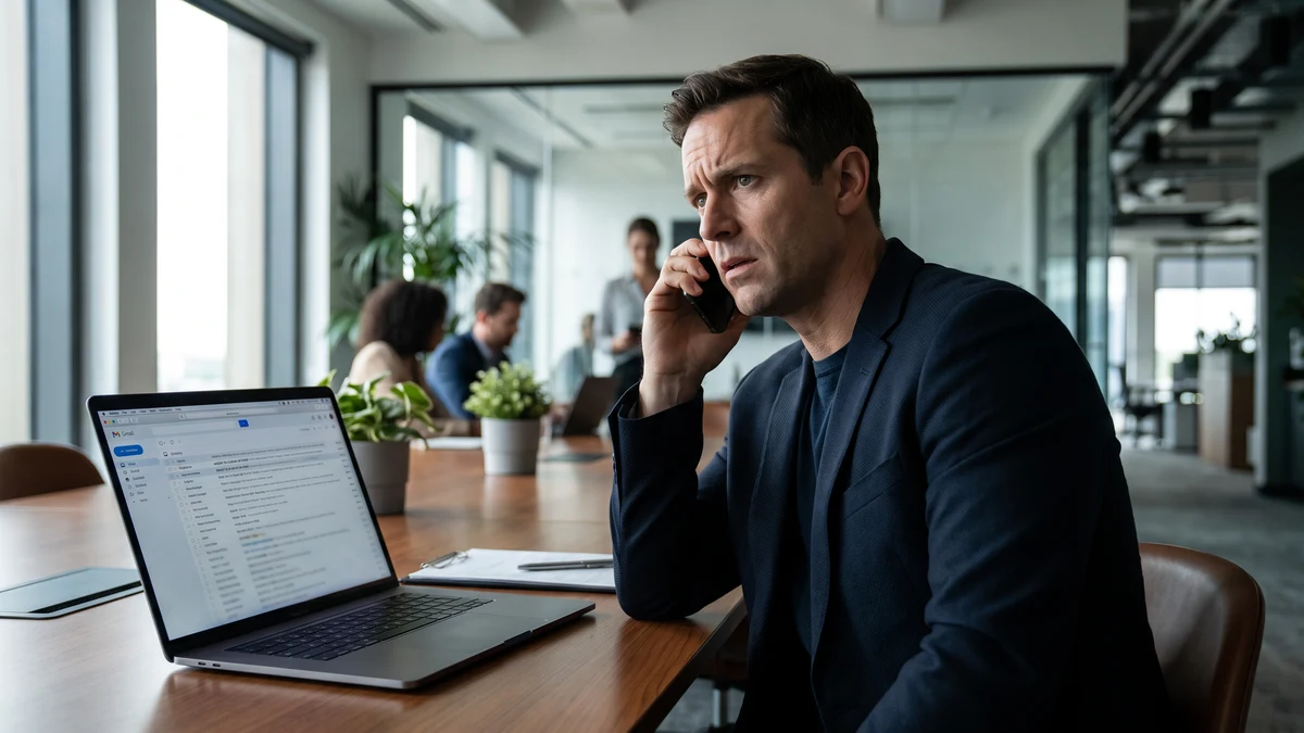 Concerned professional in navy blazer on phone call at conference room desk with laptop showing email inbox open, other employees visible in glass-walled open office background