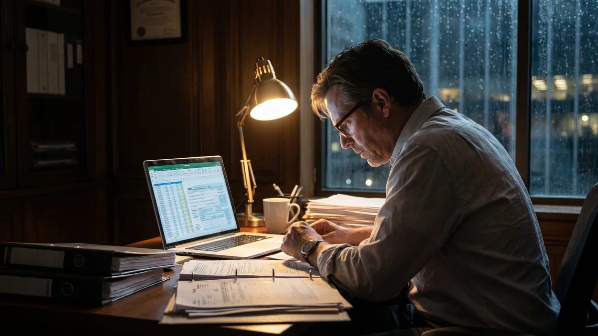 Accountant working late at desk with financial documents and laptop showing tax software