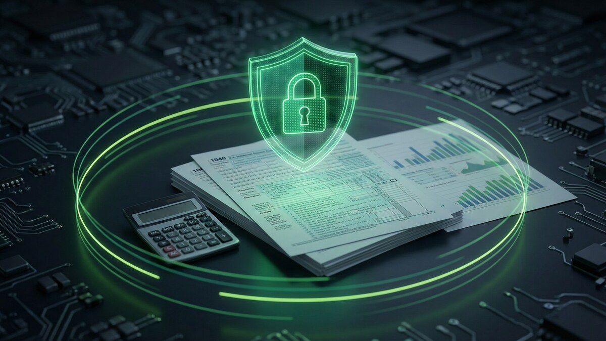 Glowing green encrypted shield protecting IRS tax documents and calculator on dark circuit board background