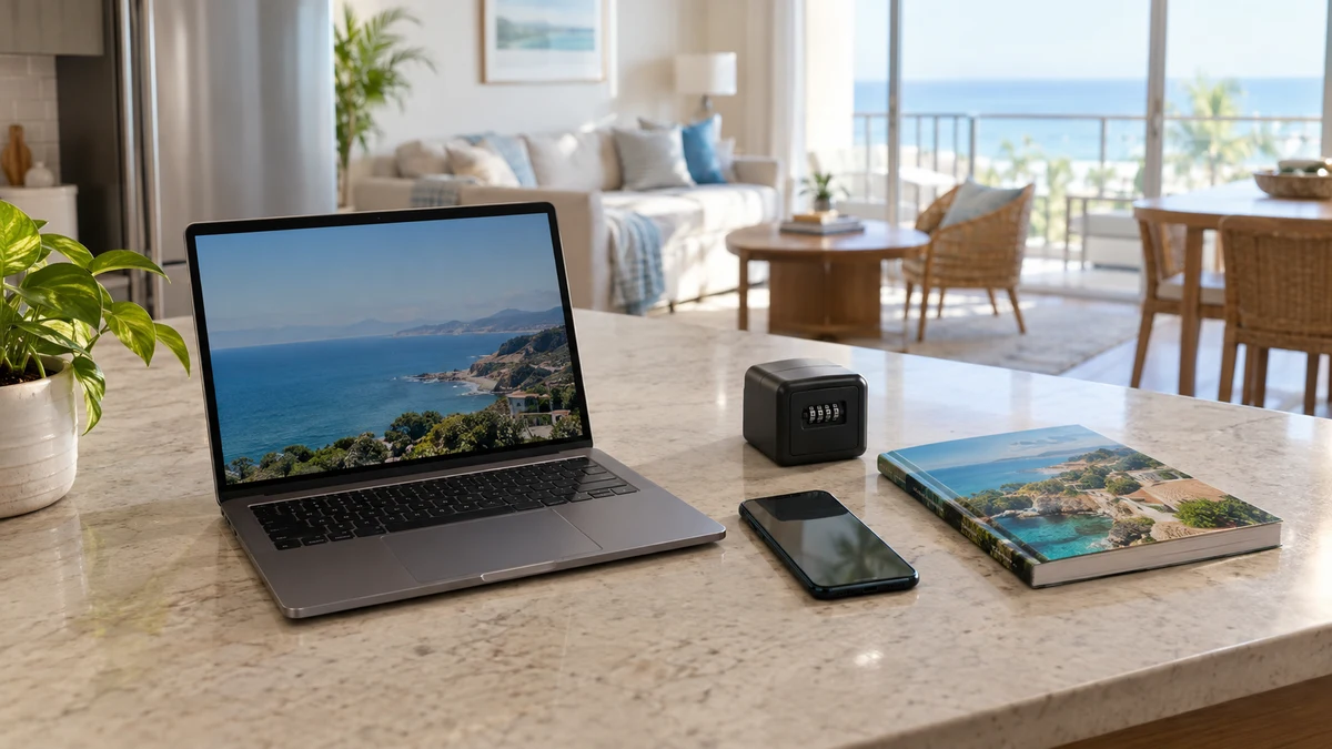 A laptop and phone on a vacation rental kitchen counter next to a small combination lockbox and a welcome guidebook
