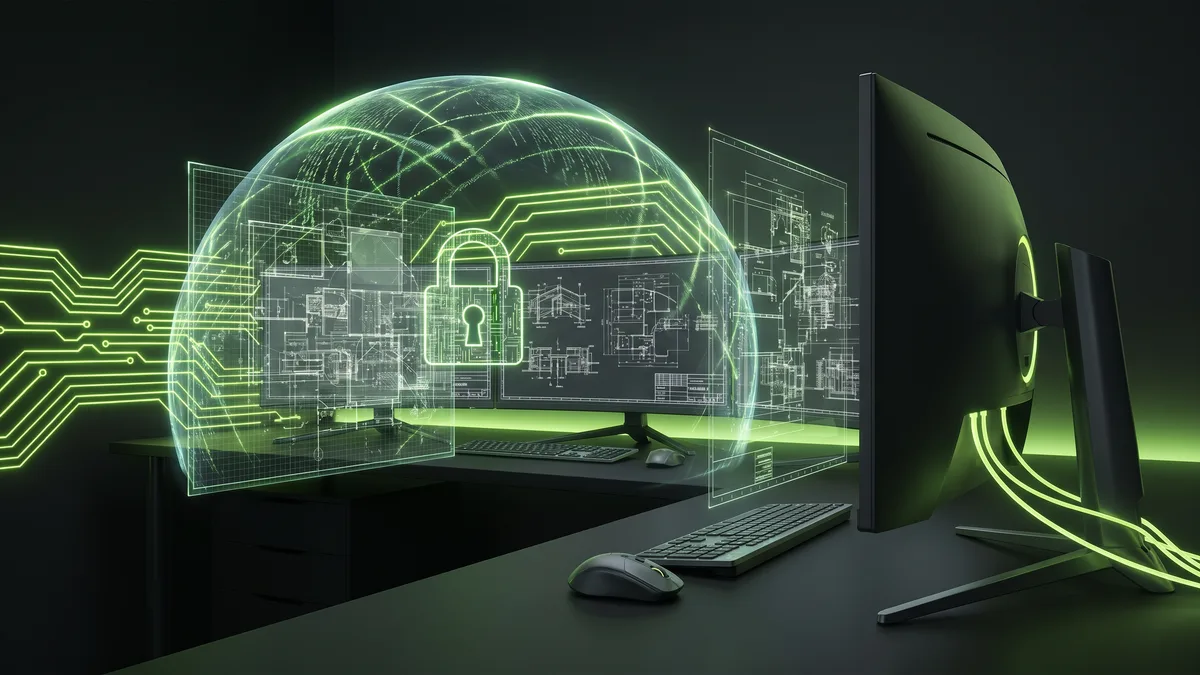 Glowing lime green cyber shield protecting architectural blueprints and engineering schematics on a dark circuit board background