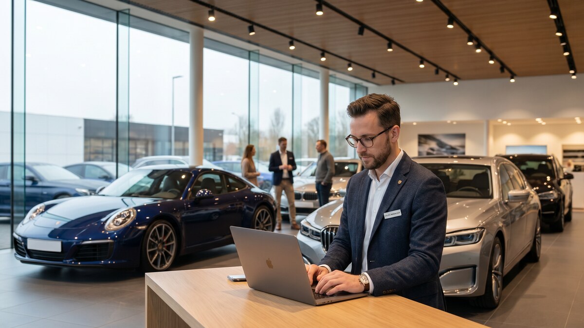 Auto dealership sales manager working on a laptop in a modern showroom with luxury vehicles in the background