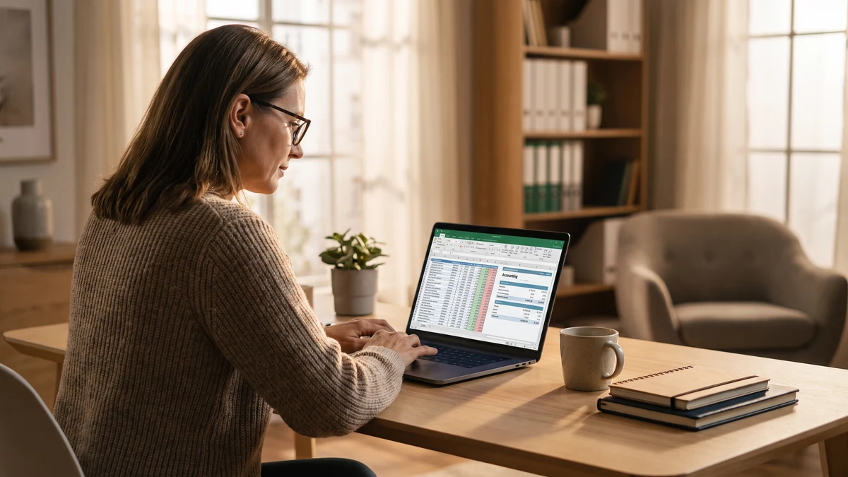 Bookkeeper working from a home office on a laptop showing an accounting spreadsheet