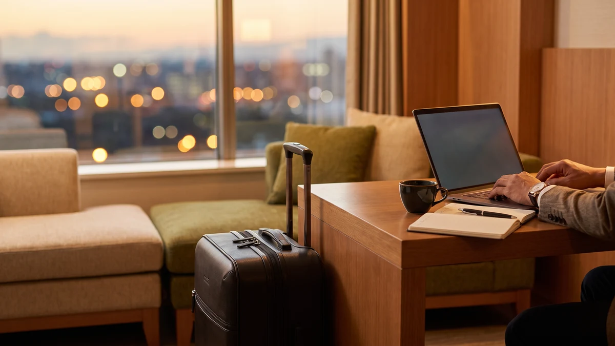 Business traveler working on a laptop at a hotel room desk with a rolling suitcase and city lights in the background at dusk
