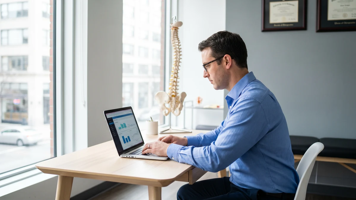 Chiropractor reviewing patient records on laptop in modern clinic with spine anatomy model visible