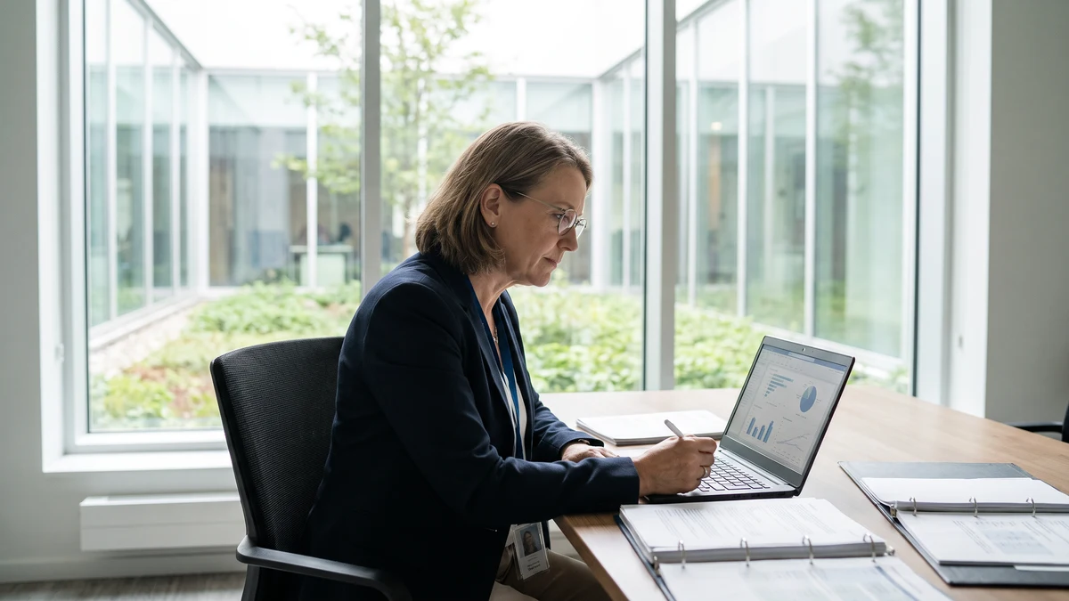 Senior female clinical researcher in navy blazer with ID badge reviewing study data charts on laptop at modern glass-walled research facility conference table with study binders
