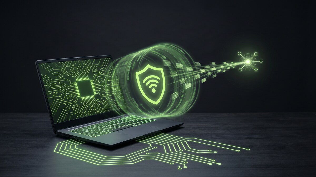 Laptop on dark desk with glowing green WiFi shield and encrypted data tunnel flowing from screen