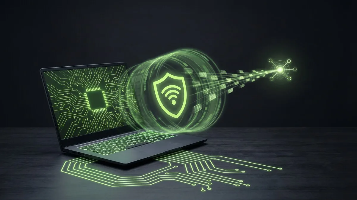 Laptop on dark desk with glowing green WiFi shield and encrypted data tunnel flowing from screen
