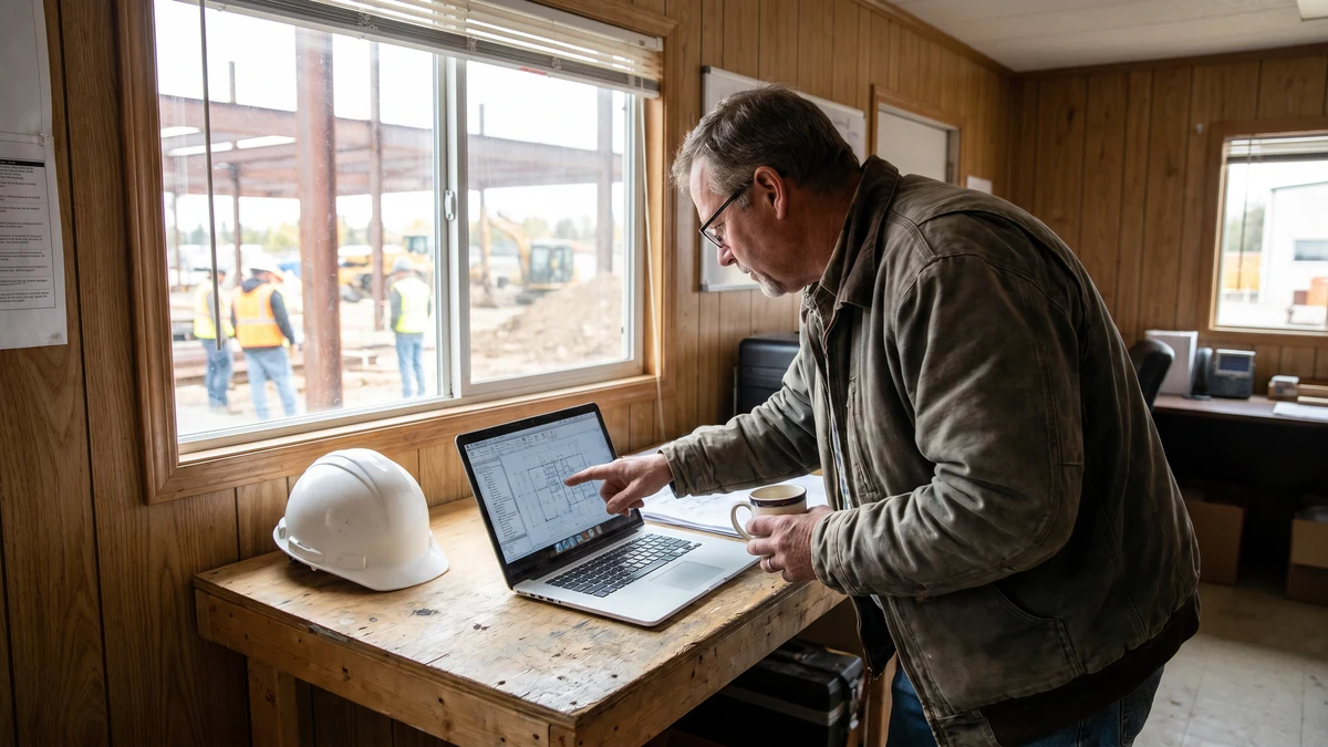 Construction project manager reviewing blueprints on laptop in job site trailer