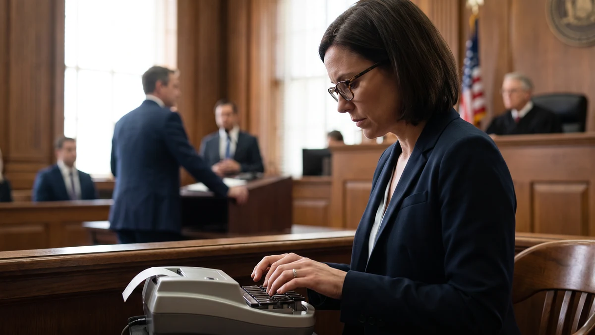 Professional female court reporter with glasses typing on a stenotype machine in a wood-paneled courtroom, attorney and judge visible in the background, US flag present
