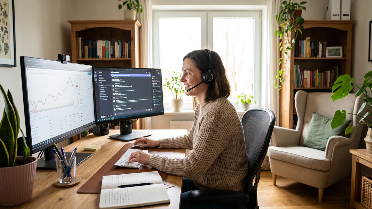Remote customer service representative wearing headset at dual monitor home office desk in bright living room with bookshelf and plants
