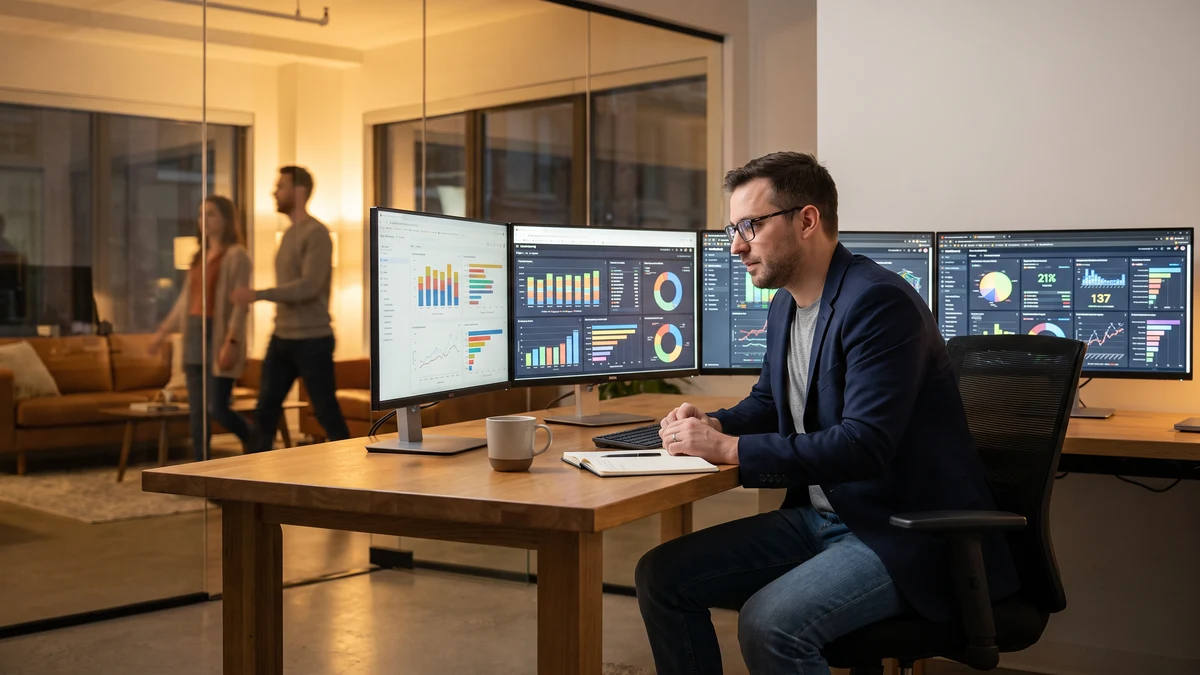 Data analyst working at triple-monitor workstation with dashboards and charts in modern office