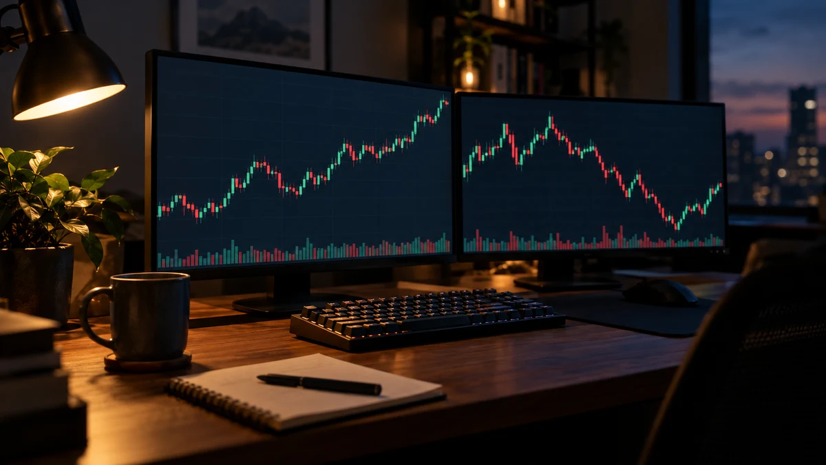 A dark home trading desk with two monitors showing abstract candlestick charts, a keyboard, a notebook and a mug