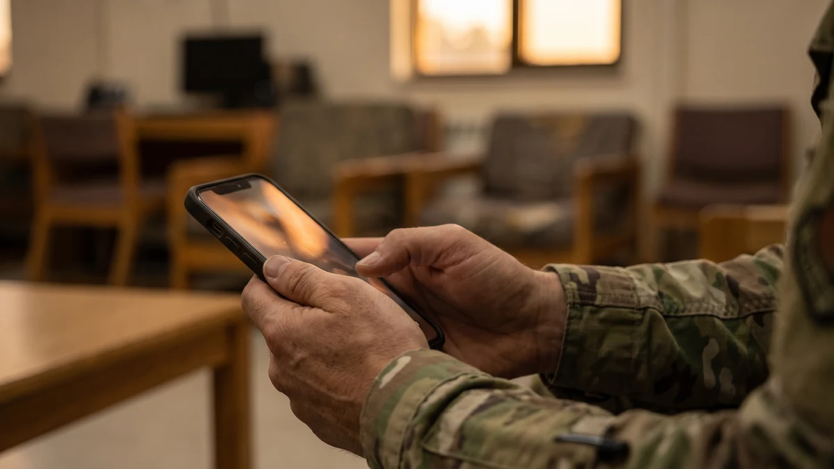 Close-up of hands in a military camouflage uniform holding a smartphone during a video call in a base common area at dusk