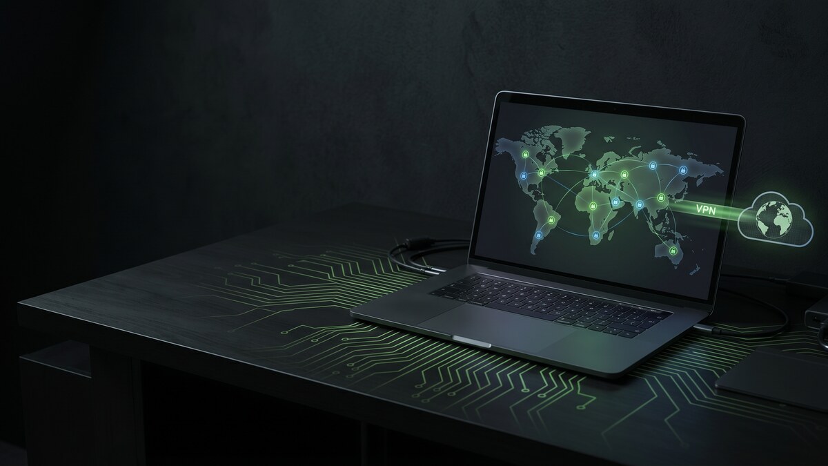 Laptop on dark circuit board desk showing world map with glowing green VPN connection nodes linking globally