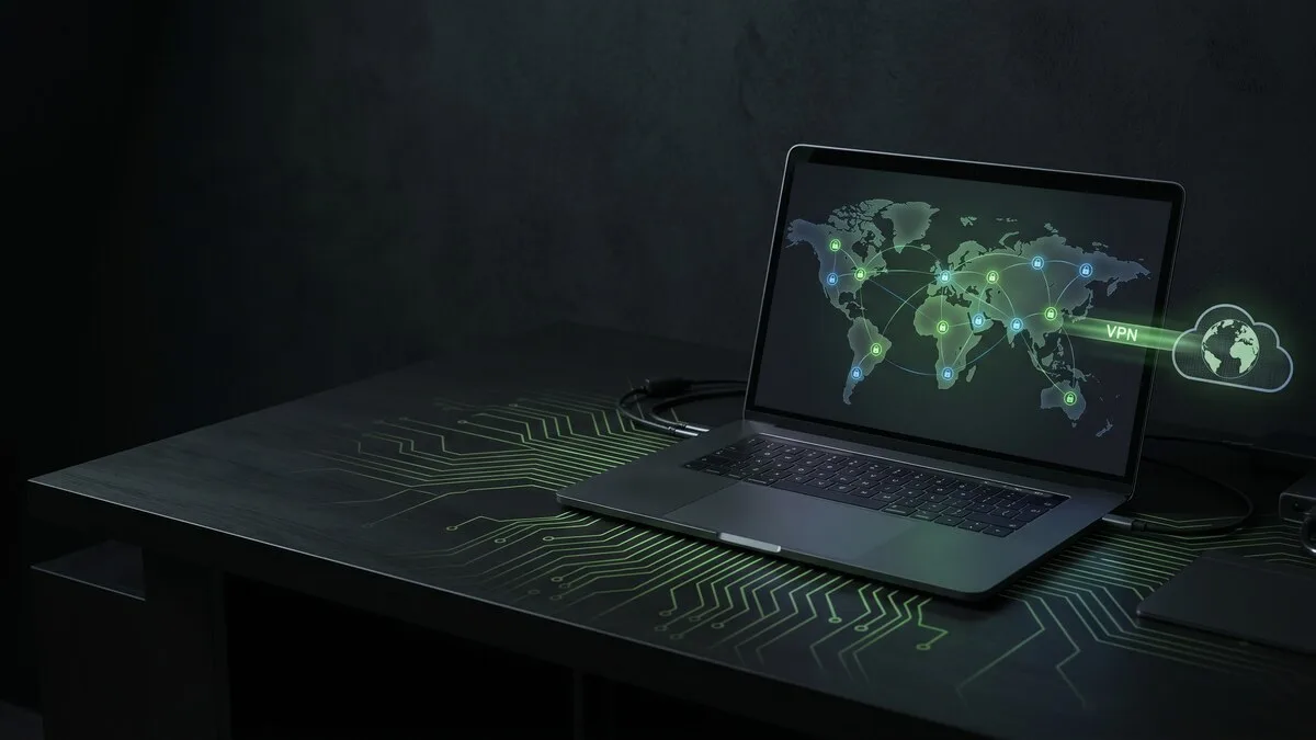 Laptop on dark circuit board desk showing world map with glowing green VPN connection nodes linking globally