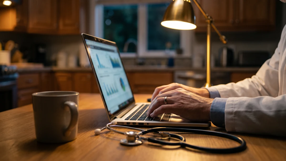 Doctor's hands typing on a laptop at a home kitchen table late at night, stethoscope on the table, reviewing patient charts remotely
