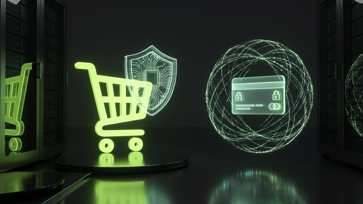 Glowing green shopping cart and encrypted credit card icon with cybersecurity shield representing ecommerce payment data protection