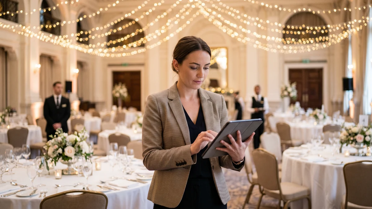 Event planner reviewing tablet in elegant ballroom with fairy lights and set tables in background