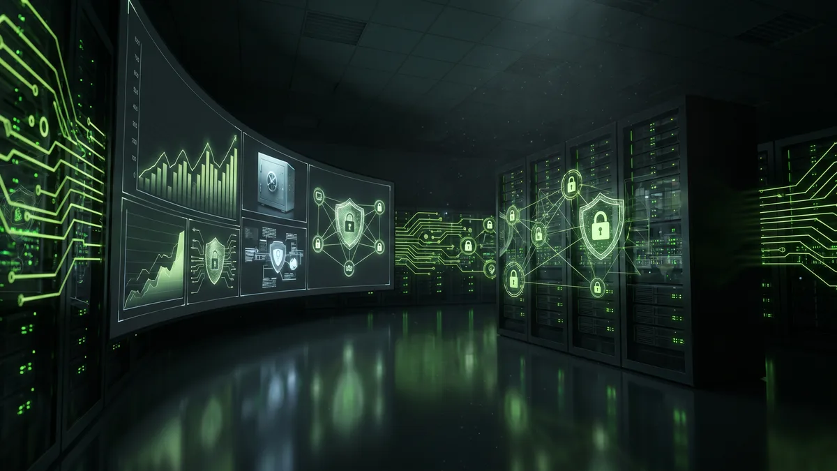 Dark server room with glowing green cyber security shields and circuit board patterns representing family office data protection