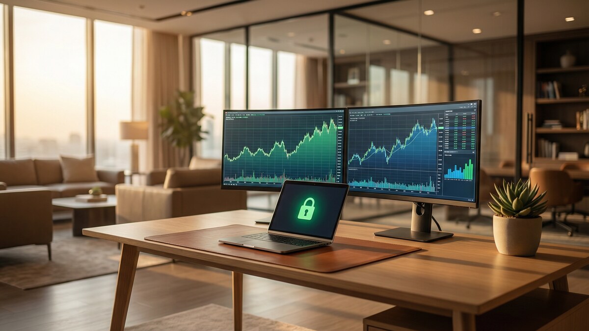 Financial advisor workstation with dual monitors showing market data and a laptop with a security lock icon