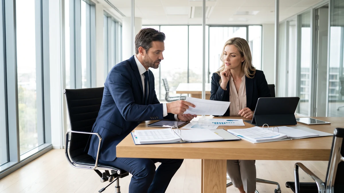 Financial planner in navy suit reviewing investment portfolio documents with female client at glass-walled modern office conference table with tablets and financial charts