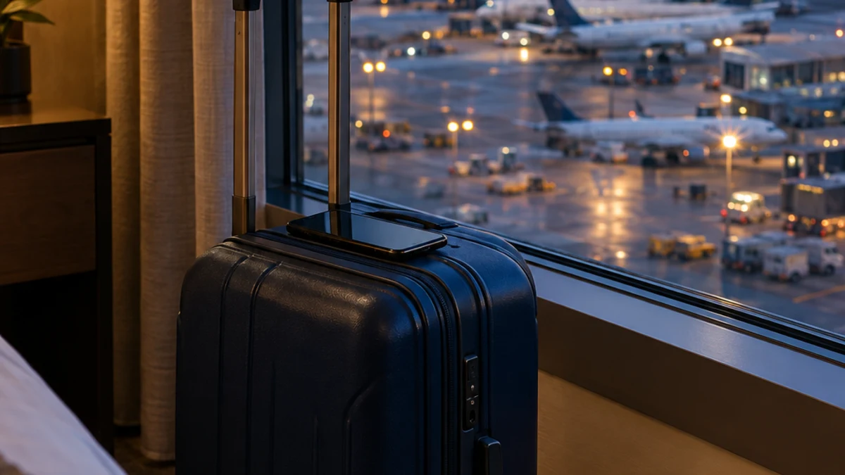 A navy rolling suitcase with a smartphone on top beside a hotel window overlooking an airport ramp at dusk