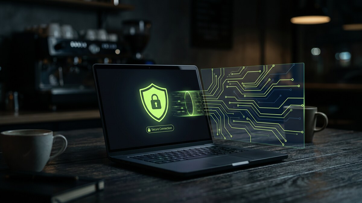 Laptop on dark cafe table with green VPN security shield and encrypted circuit board connection, coffee cups in background