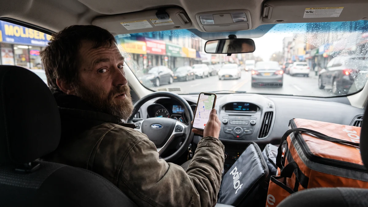 Delivery driver checking phone map app in car with delivery bags on passenger seat, urban street in background