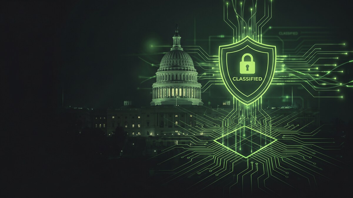 US Capitol building at night with glowing green cybersecurity shield and classified document lock representing government contractor data protection