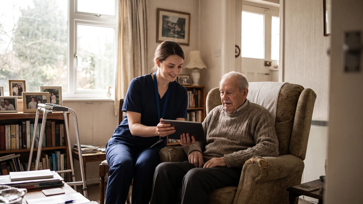 Home health aide in navy scrubs showing tablet to elderly male client seated in armchair in home living room with walker and family photos visible