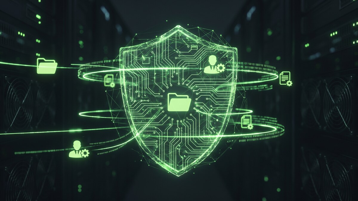 Glowing green digital shield protecting HR documents and employee data files in a secure network environment