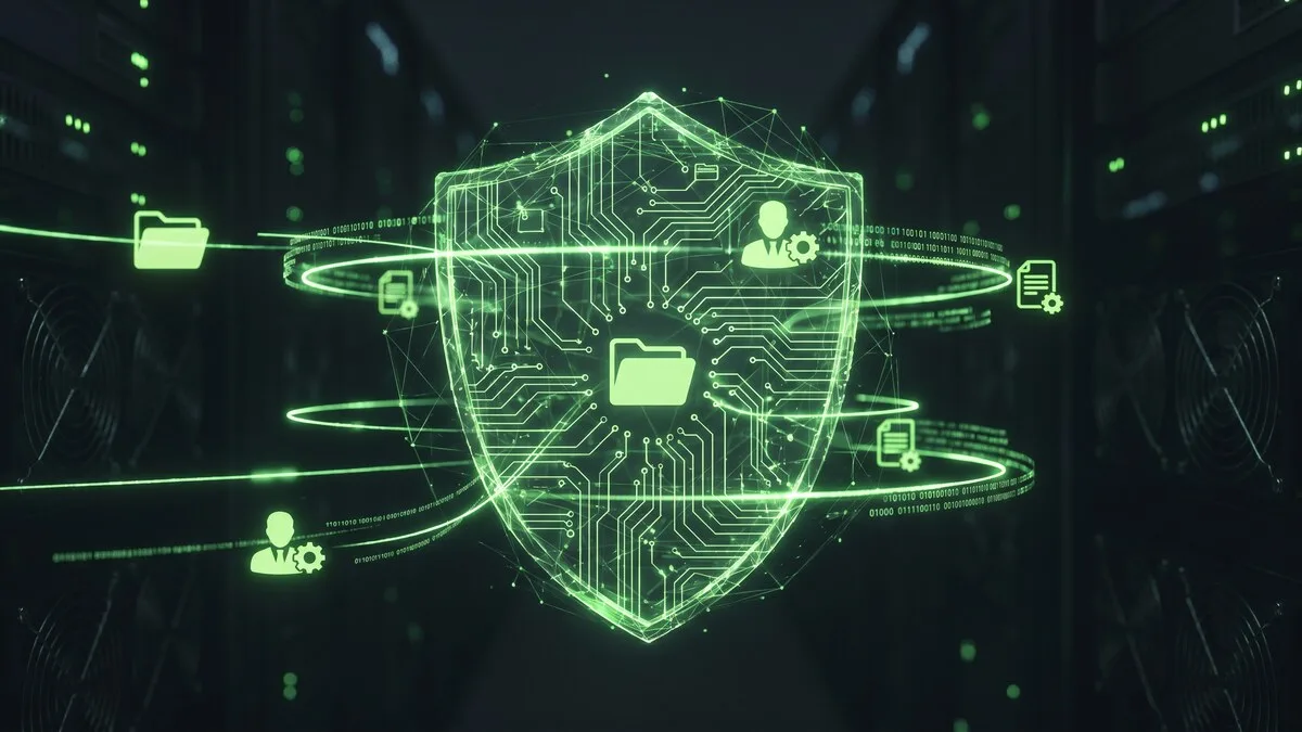 Glowing green digital shield protecting HR documents and employee data files in a secure network environment