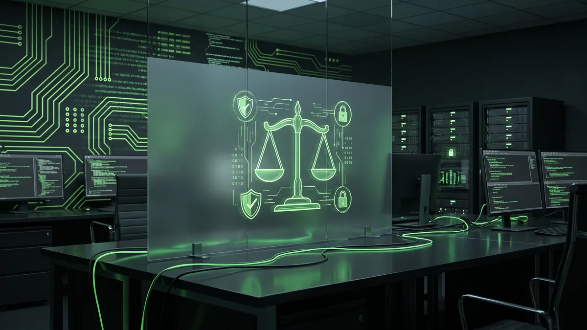 Glowing green scales of justice with cybersecurity circuit board patterns representing digital protection for immigration attorneys