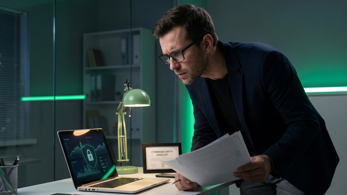 Insurance agent reviewing documents on laptop with cybersecurity protection displayed on screen