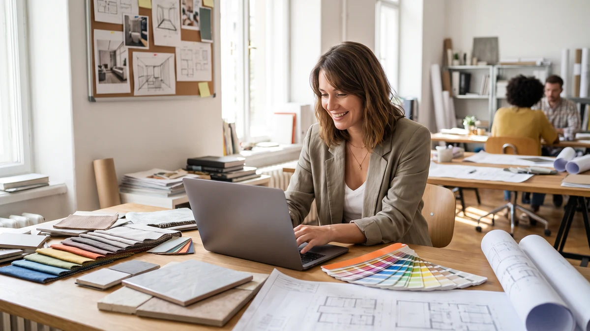 Female interior designer smiling while working on a laptop at a bright studio desk surrounded by fabric swatches, color fan samples, tile samples, and rolled architectural floor plans, with colleagues visible in the background