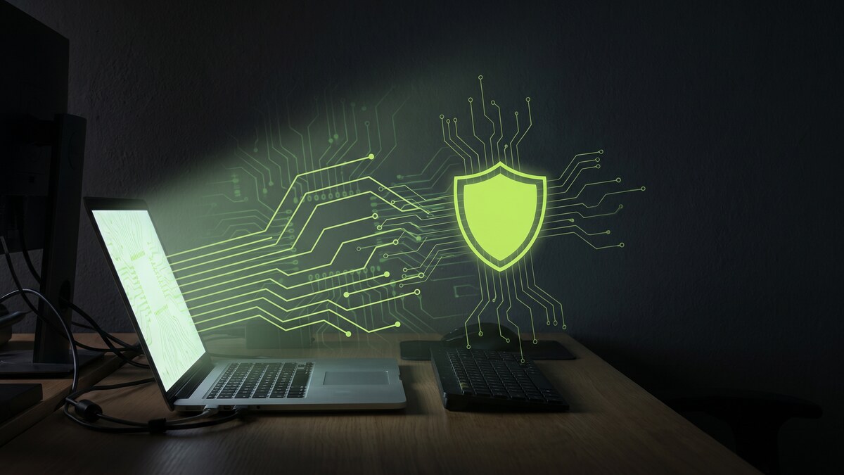 Laptop with glowing green cybersecurity shield and circuit board overlay representing IT contractor network security
