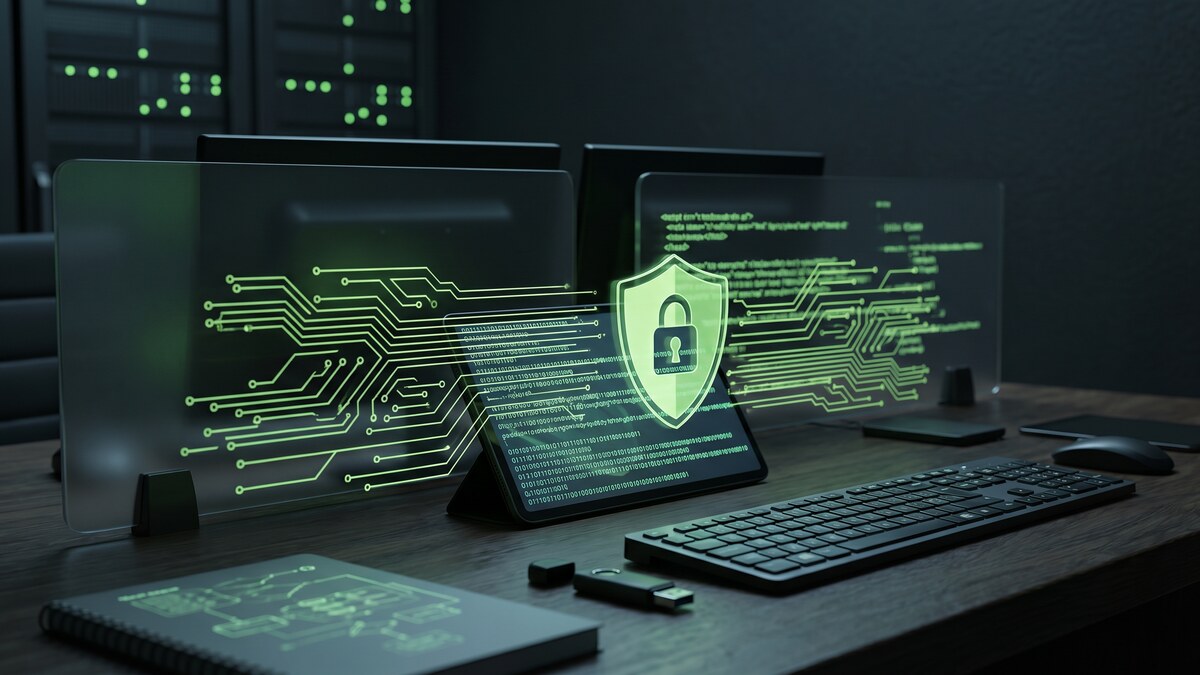 Dark investigative workstation with glowing green security shield and encrypted circuit board patterns