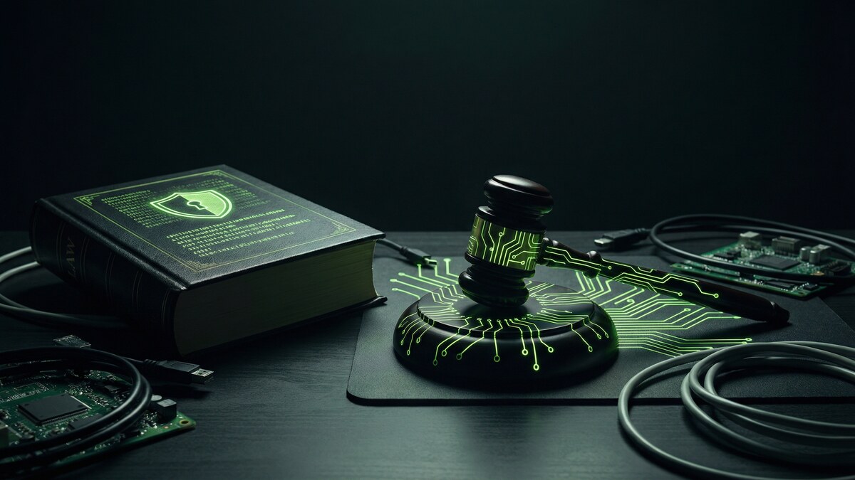 Gavel with glowing green circuit board traces representing cybersecurity for legal professionals
