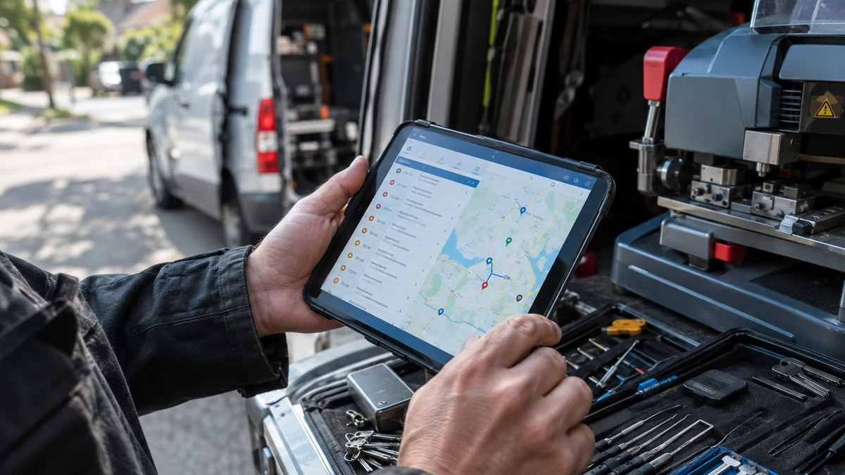 A locksmith checking a dispatch app on a tablet next to a toolkit of key-cutting equipment, with a service van parked on a residential street