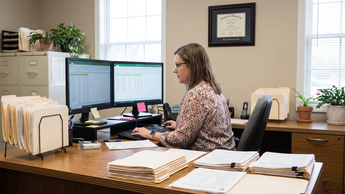 Medical billing specialist working at dual-monitor workstation with patient files in healthcare office