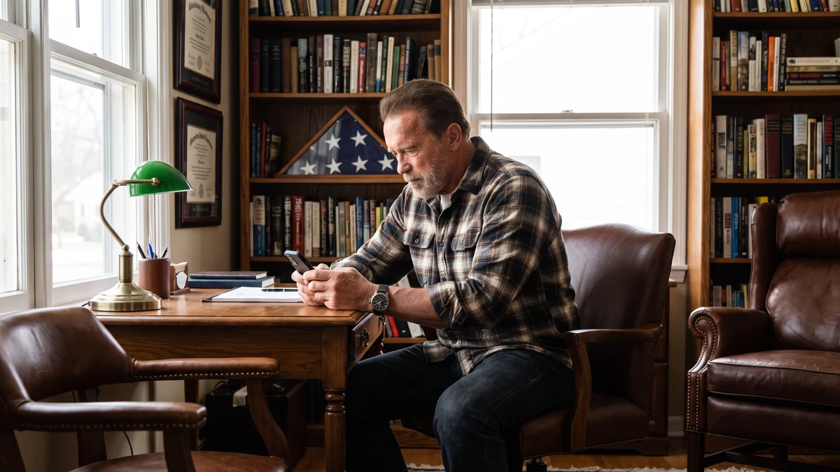 Veteran reviewing phone at desk in home study with folded American flag and military certificates on bookshelf