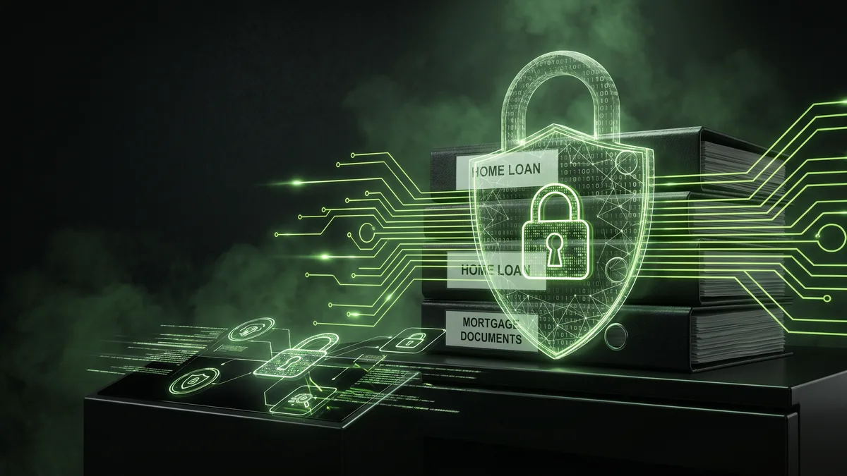 Digital cybersecurity shield protecting mortgage loan documents with glowing green circuit board elements on a dark background