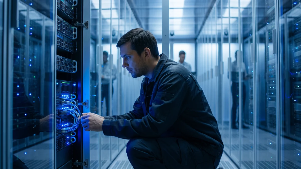 IT technician working on server rack in blue-lit data center corridor