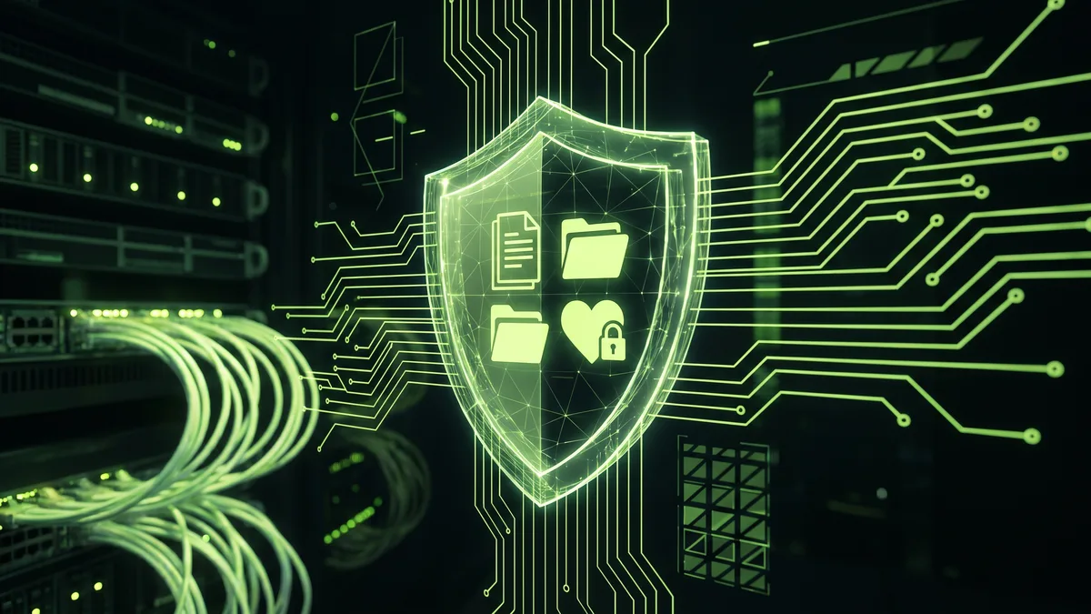 Glowing lime green digital shield protecting donor and client data icons on dark circuit board background symbolizing cybersecurity for nonprofits